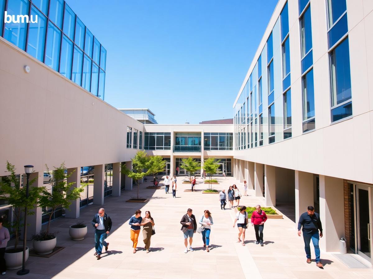 Modern college campus courtyard with students
